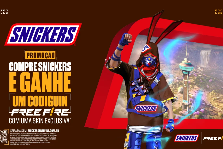 Free Fire e Snickers retomam parceria em 2026 com nova skin, brindes in-game e ativações o ano todo