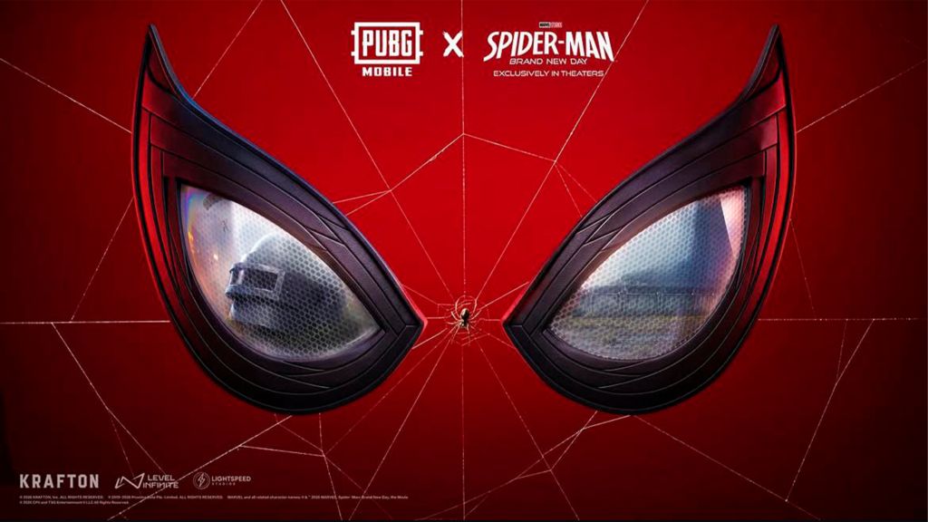 Homem-Aranha utilizando poderes de teia durante colaboração com PUBG MOBILE.