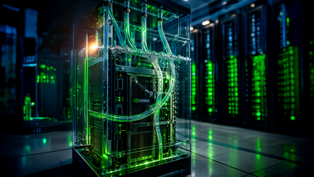 Servidores da NVIDIA utilizando sistema de resfriamento líquido para data centers de inteligência artificial.