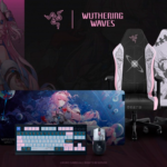 Coleção Razer Wuthering Waves inspirada na personagem Denia com teclado, mouse, cadeira gamer e mousepad.