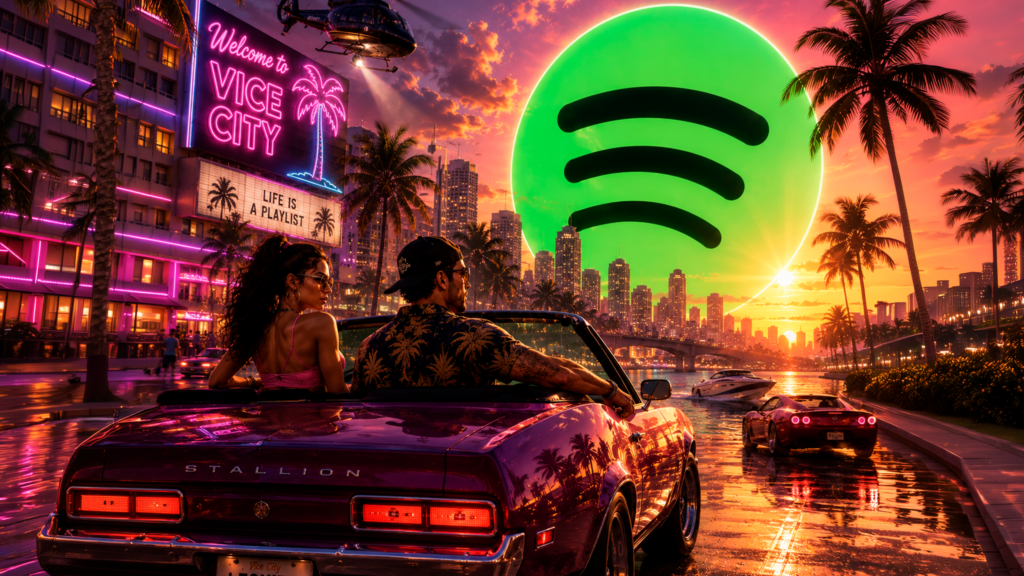 Arte conceitual mostra personagens inspirados em GTA 6 dirigindo por Vice City com um grande ícone do Spotify ao fundo.