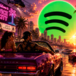 Arte conceitual mostra personagens inspirados em GTA 6 dirigindo por Vice City com um grande ícone do Spotify ao fundo.