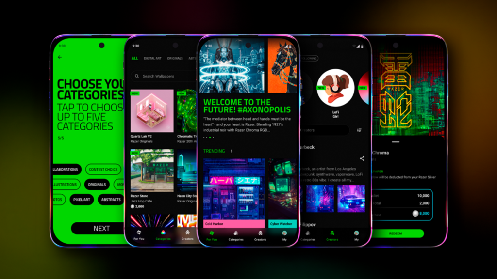 Smartphone Android exibindo um wallpaper animado do Razer Axon Wallpaper Engine.